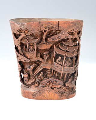Lot 485 - A Chinese carved wooden brush pot, possibly...