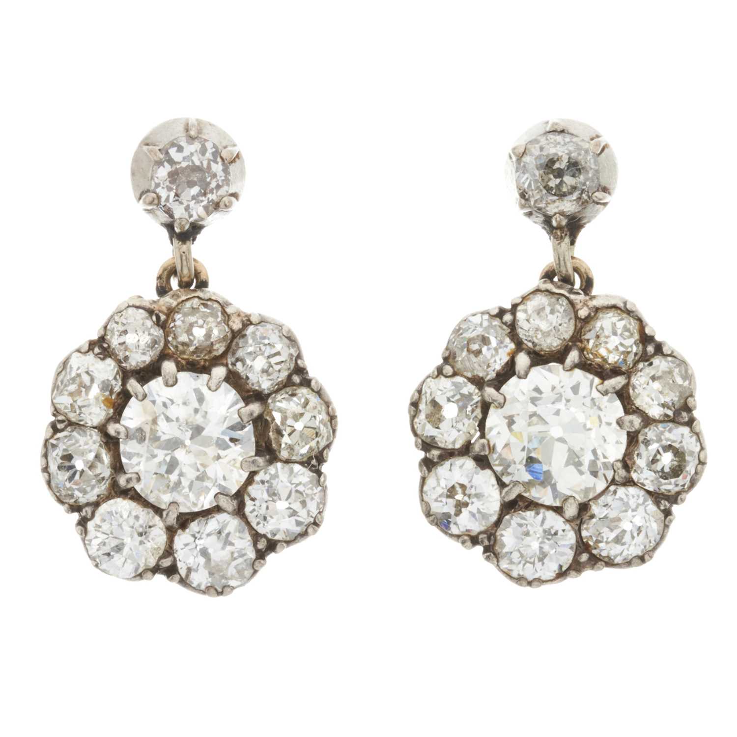 Lot 15 - A pair of 19th century diamond cluster drop earrings