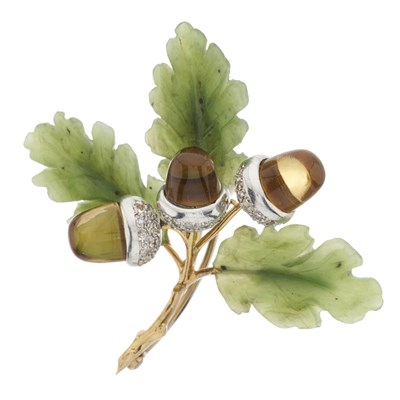 Lot 152 - An 18ct gold and platinum, citrine, diamond and nephrite jade acorn brooch