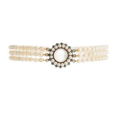 Lot 31 - A 19th century pearl three-row choker necklace, with moonstone panel and pearl and diamond clasp