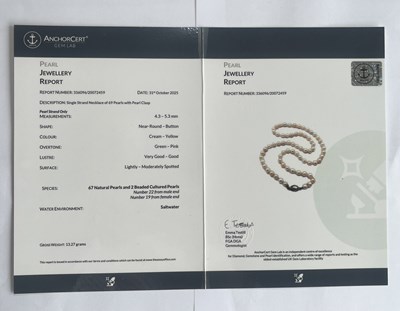 Lot 6 - An early 20th century natural pearl single-strand necklace, with grey pearl clasp