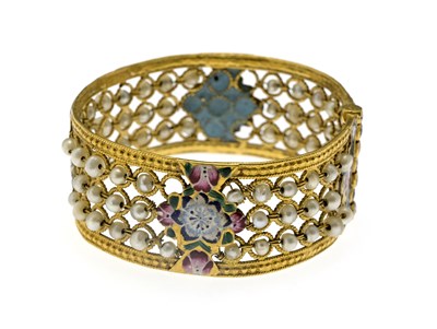 Lot 19 - A Continental yellow metal enamel and pearl bangle bracelet