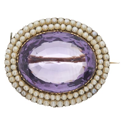 Lot 6 - A 19th century yellow metal amethyst and pearl brooch pendant
