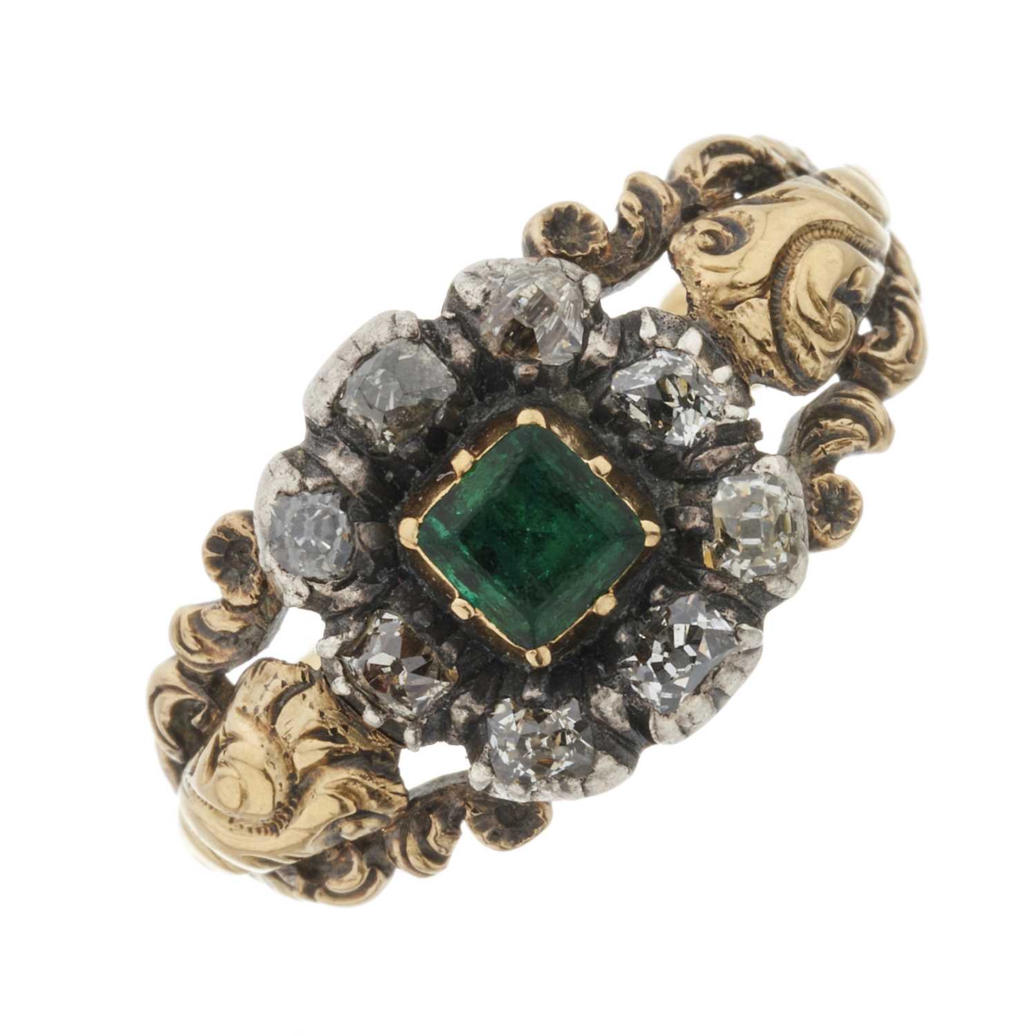 Lot 2 - A late Georgian emerald and diamond cluster ring