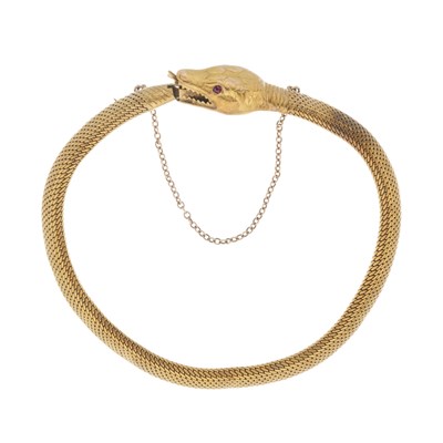 Lot 24 - A late Victorian 15ct gold ruby ouroboros snake bracelet
