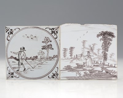 Lot 218 - Two English Delft puce painted tiles, Bristol...