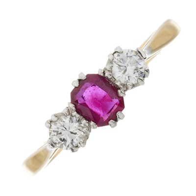 Lot 71 - An 18ct gold and platinum ruby and diamond three-stone ring