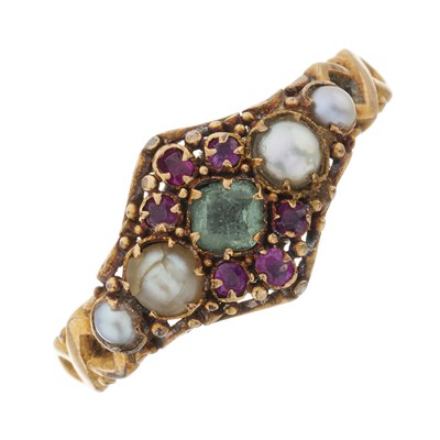 Lot 7 - A mid Victorian 18ct gold emerald, ruby and split pearl dress ring