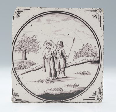 Lot 222 - A Dutch Delft puce painted tile, circa 1750,...