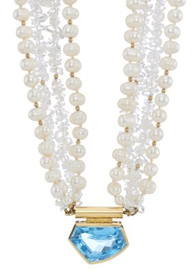 Lot 153 - An 18ct gold cultured pearl, rock crystal and blue topaz necklace