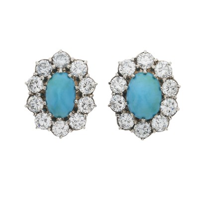 Lot 93 - A pair of turquoise and diamond cluster stud earrings