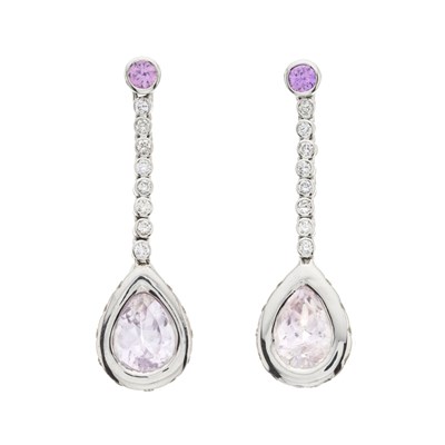Lot 150 - A pair of 18ct gold kunzite, diamond and pink sapphire drop earrings