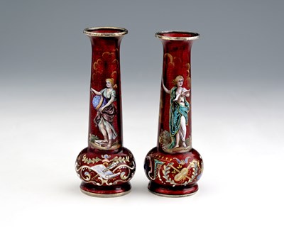 Lot 292 - A pair of Austrian enamelled vases, maker's...
