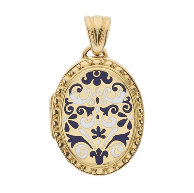 Lot 179 - An 18ct gold blue and white enamel locket pendant
