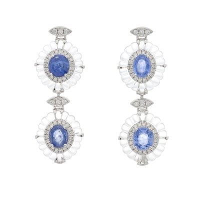 Lot 176 - A pair of platinum sapphire, rock crystal and diamond drop earrings