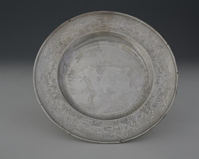 Lot 15 - A Chinoiserie dish, decorated with temples and...