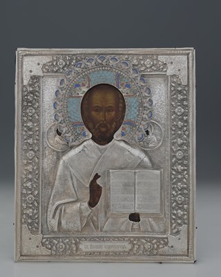 Lot 12 - A Russian icon, with decoration depicting...