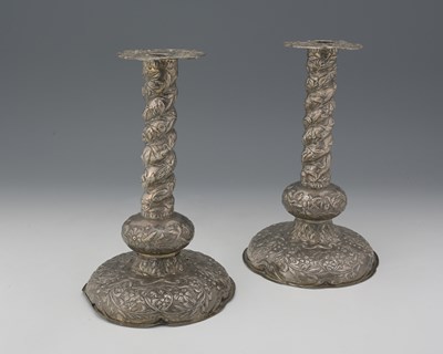 Lot 16 - A pair of Dutch candlesticks, each with...