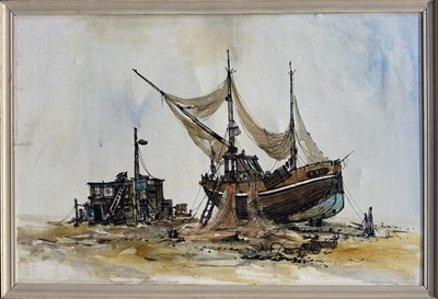 Lot 779 - An acrylic on canvas of a fishing boat and...