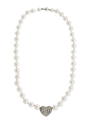 Lot 195 - A cultured pearl necklace, with 18ct gold diamond heart panel