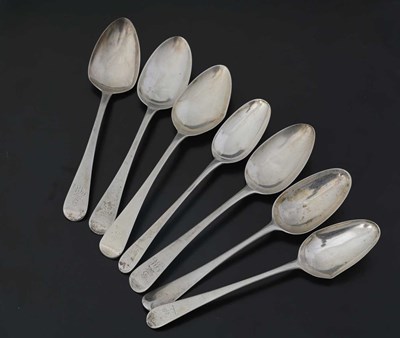 Lot 247 - Seven English silver tablespoons, eighteenth...