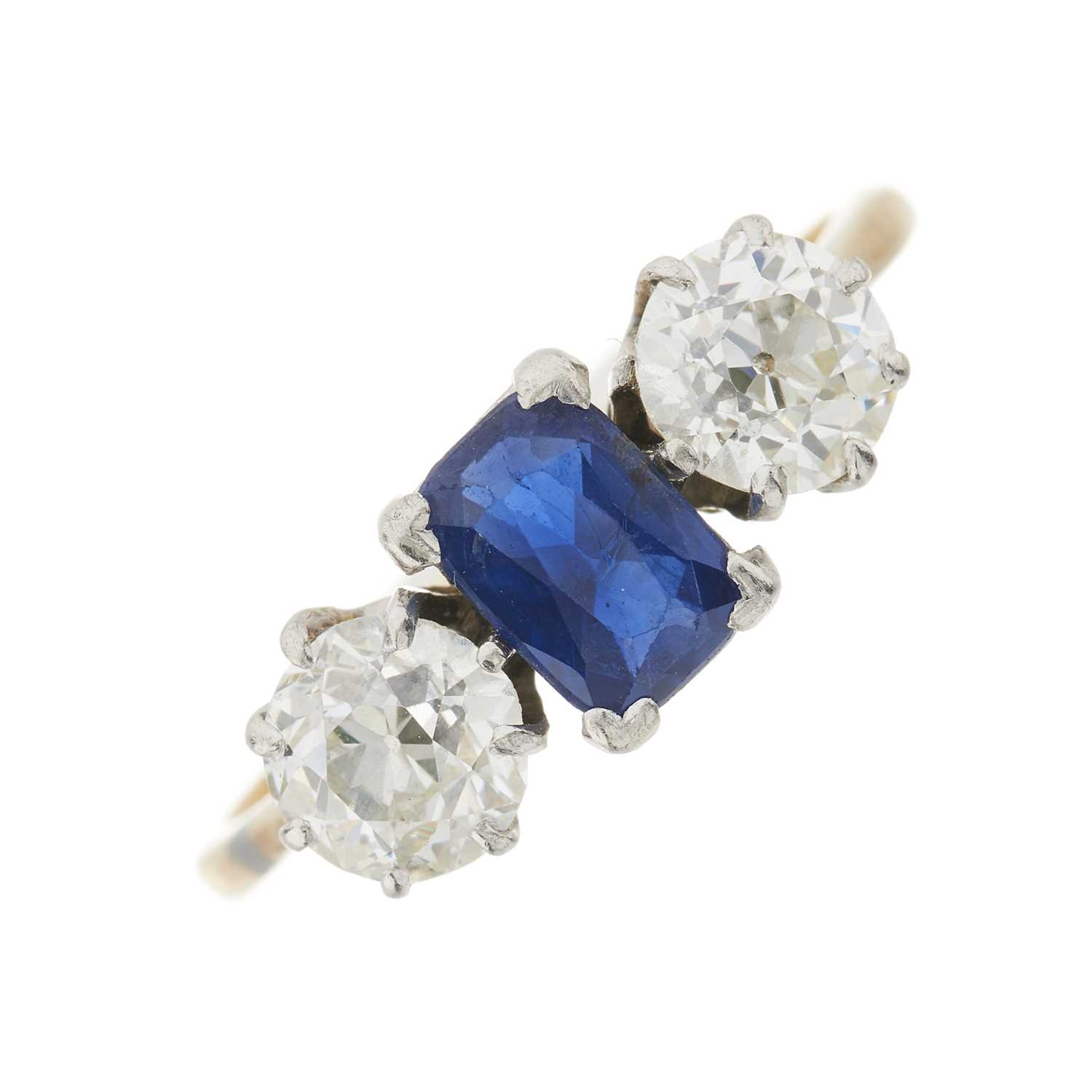 Lot 87 - A mid 20th century 18ct gold sapphire and old-cut diamond three-stone ring