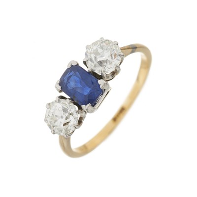 Lot 87 - A mid 20th century 18ct gold sapphire and old-cut diamond three-stone ring