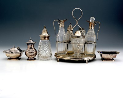 Lot 319 - A George III five-bottle cruet set, maker's...