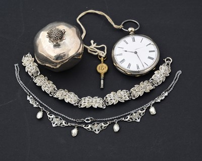Lot 53 - A silver pocket watch, paper weight and marcasite jewellery
