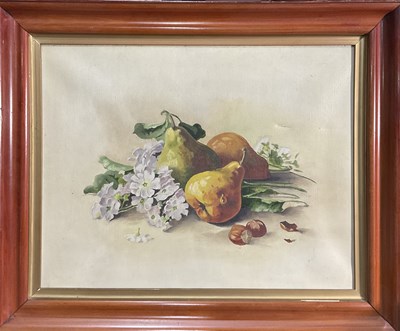 Lot 861 - A still life fruit study of pears and blossom,...