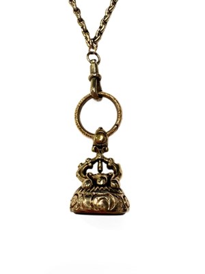 Lot 671 - An early 20th century yellow metal longuard chain, with intaglio seal fob