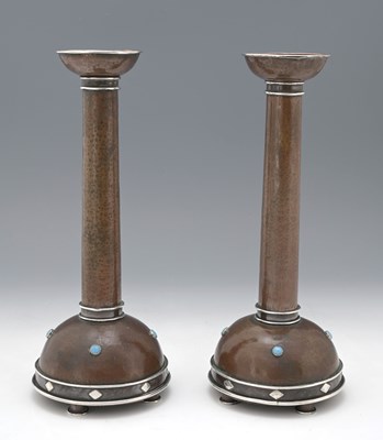 Lot 148 - A pair of Arts and Crafts copper and silver...