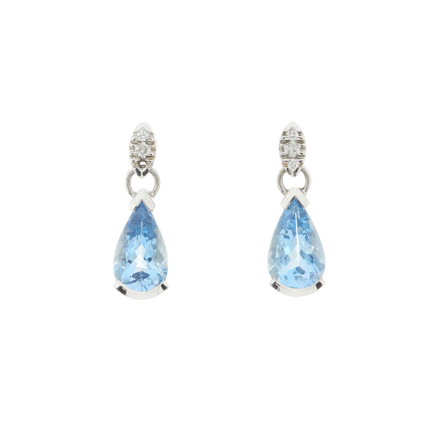 Lot 51 - A pair of 18ct gold aquamarine and brilliant-cut diamond drop earrings