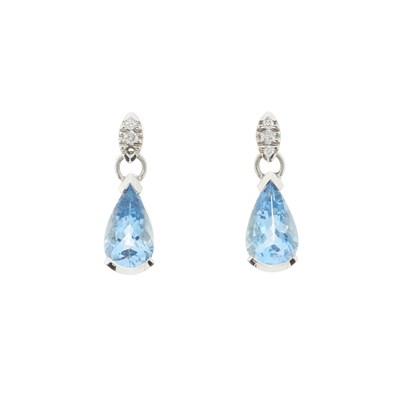 Lot 51 - A pair of 18ct gold aquamarine and brilliant-cut diamond drop earrings