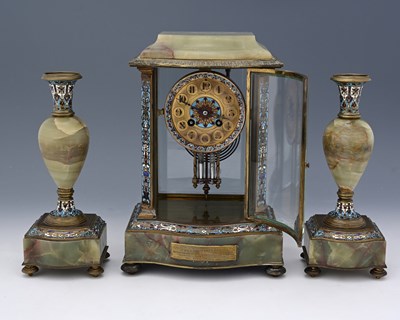 Lot 339 - A French green onyx and champleve enamel four...