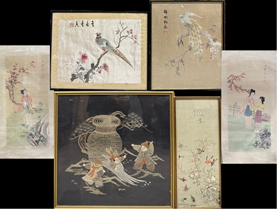 Lot 846 - Three Chinese silk embroidery panels, some...