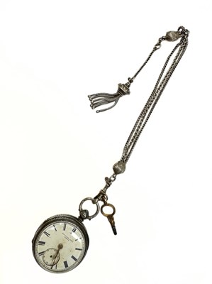 Lot 665 - A late Victorian silver open face pocket watch, with white metal Albert chain