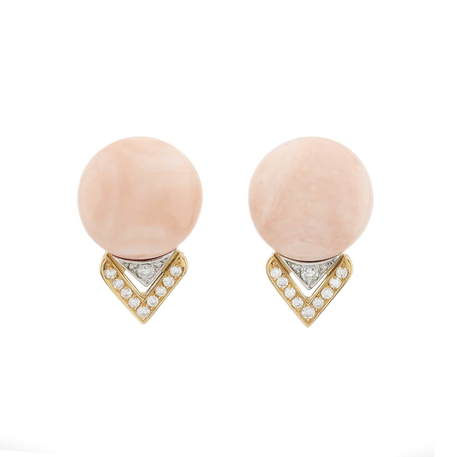 Lot 71 - A pair of 18ct gold pink coral and diamond earrings