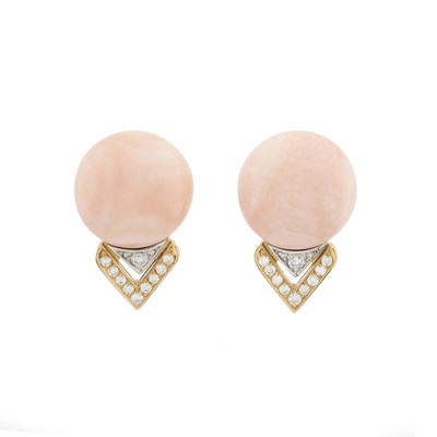Lot 71 - A pair of 18ct gold pink coral and diamond earrings