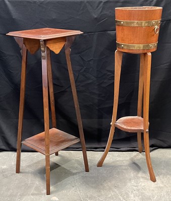 Lot 883 - A walnut brass banded oak jardiniere on stand...