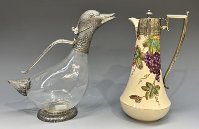 Lot 227 - A novelty duck form claret jug, plated mounts...