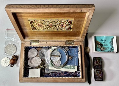 Lot 686 - A selection of silver and costume jewellery, coins etc in an inlaid wooden box