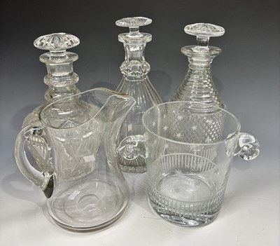 Lot 328 - Three decanters, facet cut neck rings with...