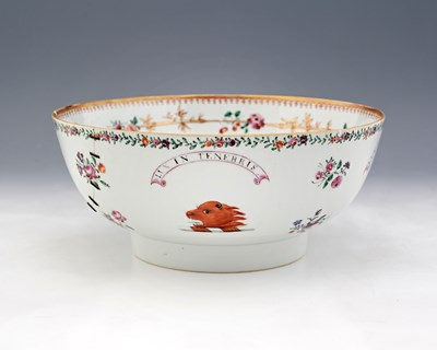 Lot 362 - A Chinese famille rose armorial punch bowl,...