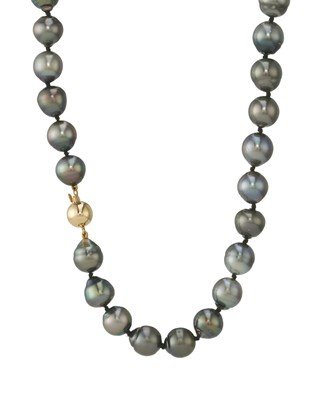 Lot 168 - A grey cultured pearl single-strand necklace, with 18ct gold ball clasp