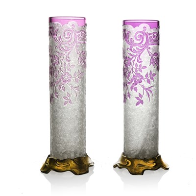 Lot 542 - Baccarat, a pair of cameo engraved glass vases,...