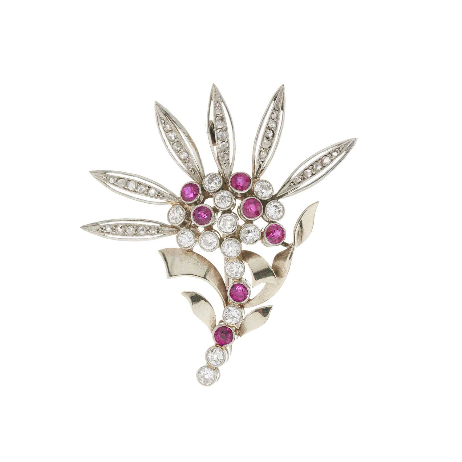 Lot 90 - A mid 20th century ruby and diamond flower brooch