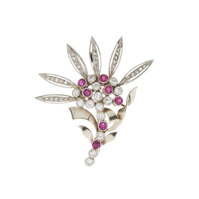Lot 90 - A mid 20th century ruby and diamond flower brooch