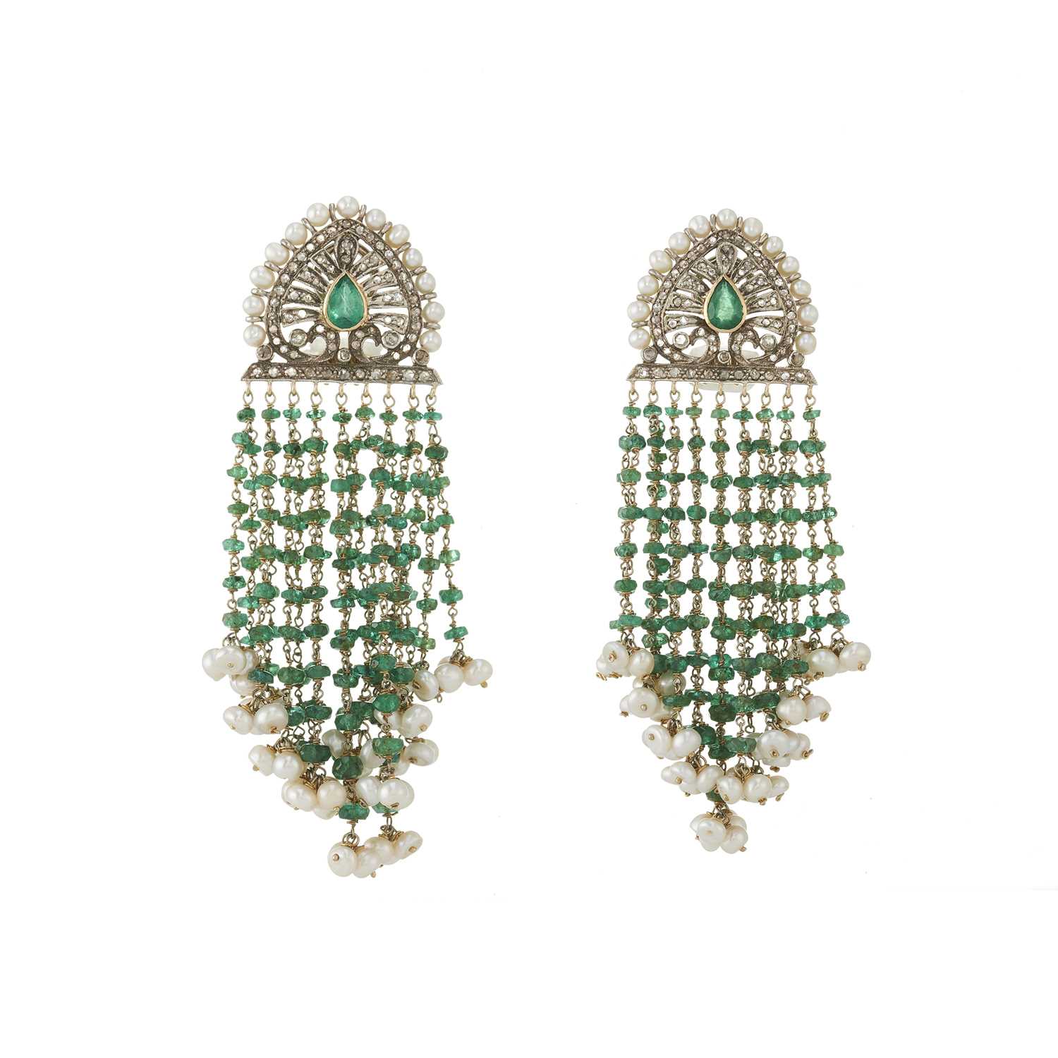 Lot 24 - A pair of bi-metal emerald, diamond and pearl fringe drop earrings