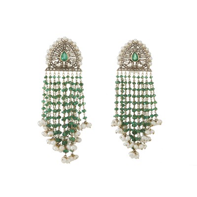 Lot 24 - A pair of bi-metal emerald, diamond and pearl fringe drop earrings